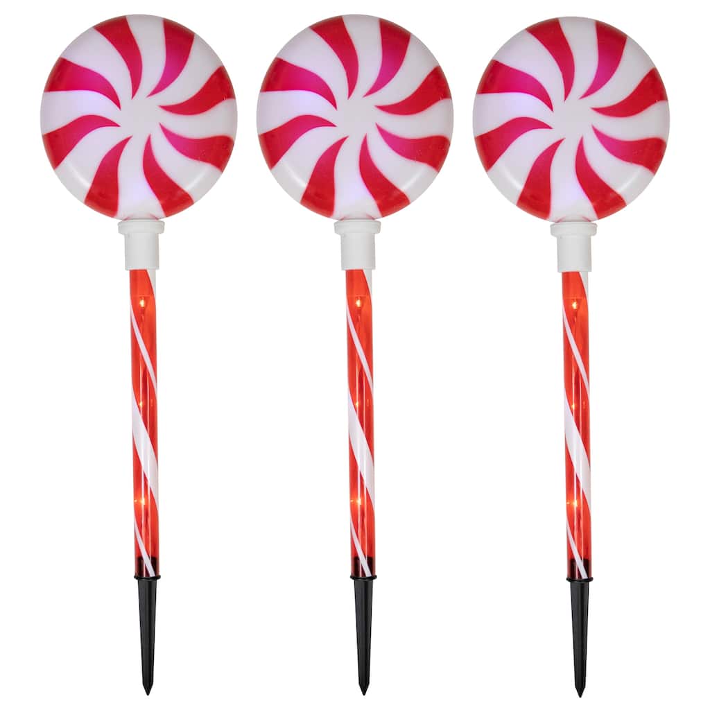 LED Lighted Peppermint Swirl Candy Outdoor Christmas Pathway Markers - 26" - Set of 3 - Red