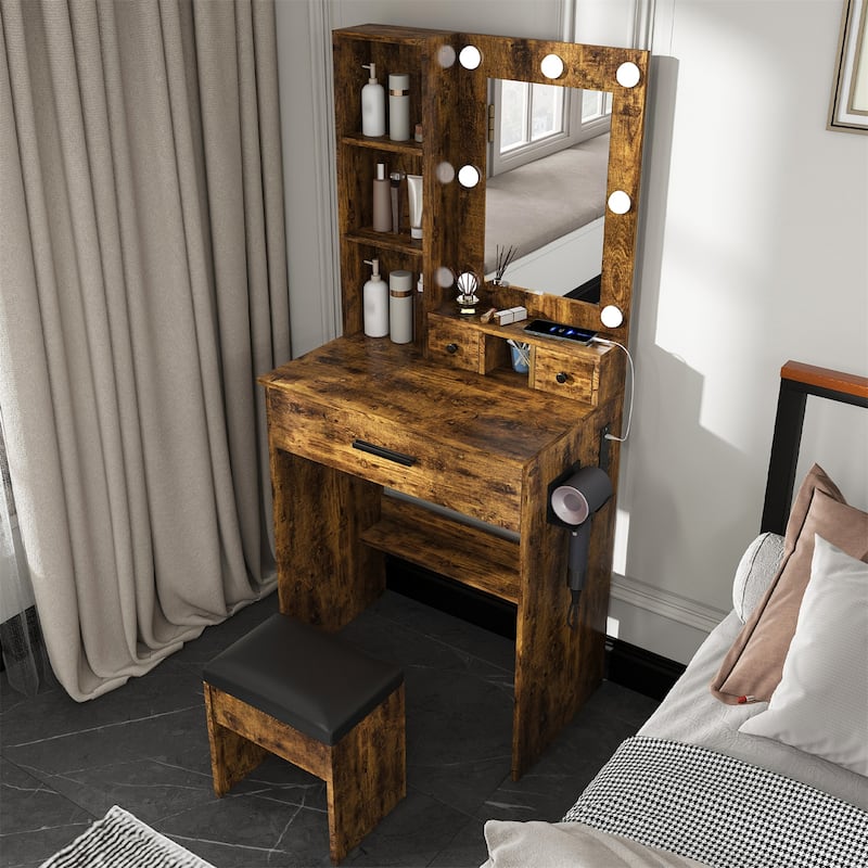 Vanity Table with Mirror & Adjustable LED Lights, Power Outlet, Hairdryer Holder & Stool