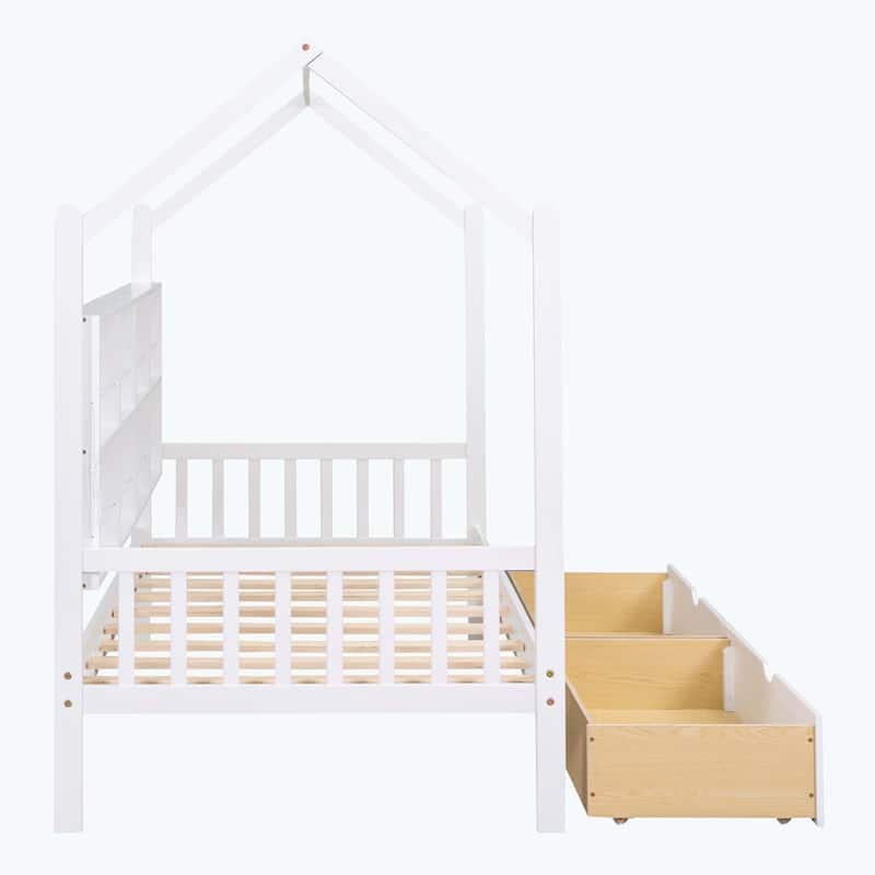 Comfortable Wooden House Bed with 2 Drawers,Kids Bed with Storage Shelf