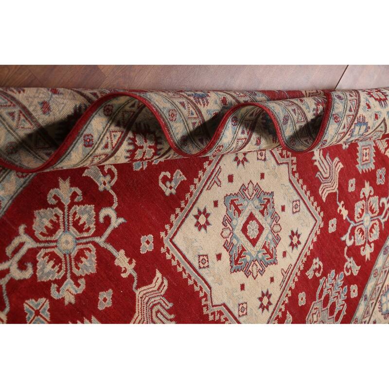 Red Geometric Kazak Living Room Area Rug Hand-Knotted Wool Carpet - 6'7" x 10'1"