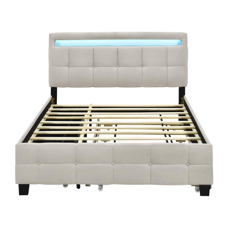 HomeRoots Beige Tufted Upholstered Lighted Queen Bed Frame With Trundle And USB And Drawers