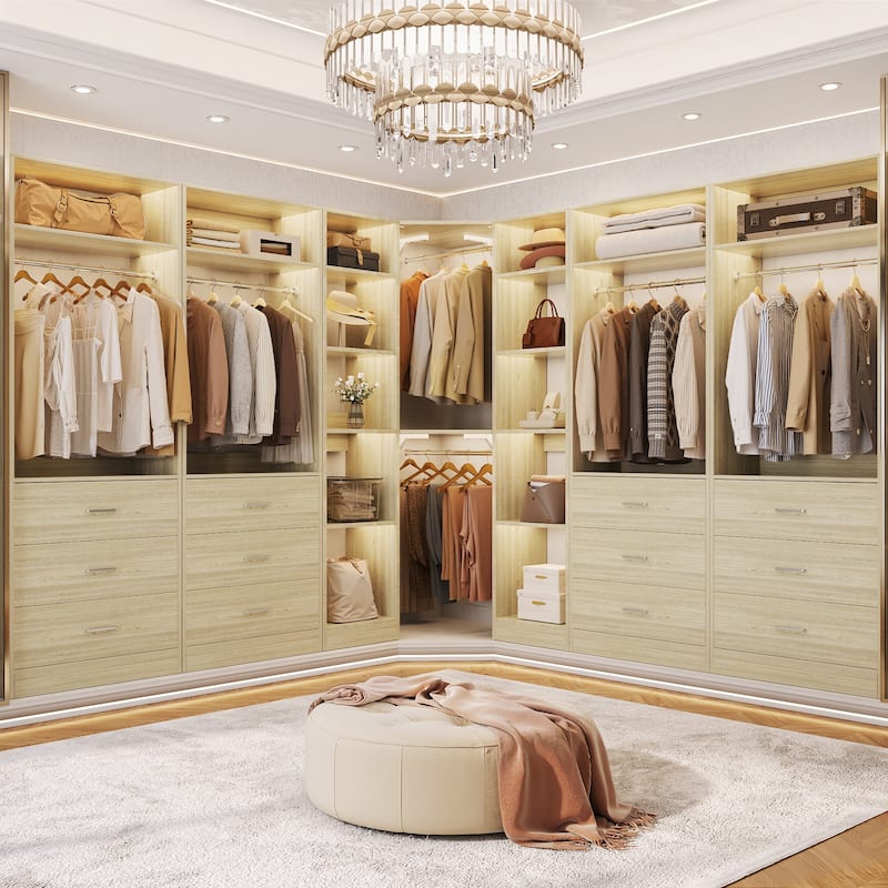 Corner Closet System with 6 Drawers & 4 Hanging Rods,Set of 3,Reversible Walk-in Closet Organizer System with Adjustable Shelves