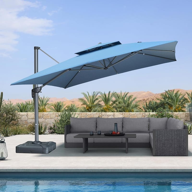 PURPLE LEAF 10/12 ft Square Heavy Duty Large Offset Hanging 360°Rotation Patio Cantilever Umbrella with Base - Denim Blue/12ft