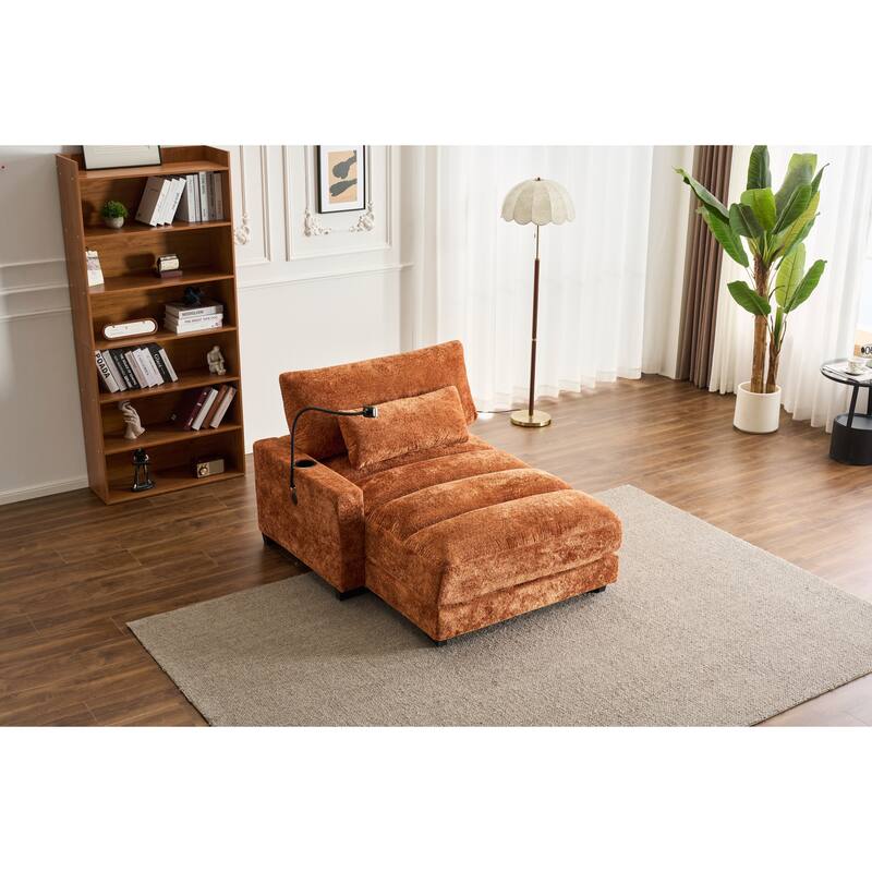Chenille Single Sofa Chair Chaise Lounge with Phone Holder, Upholstered Recliner Sleeper Sofa Bed for Living Room