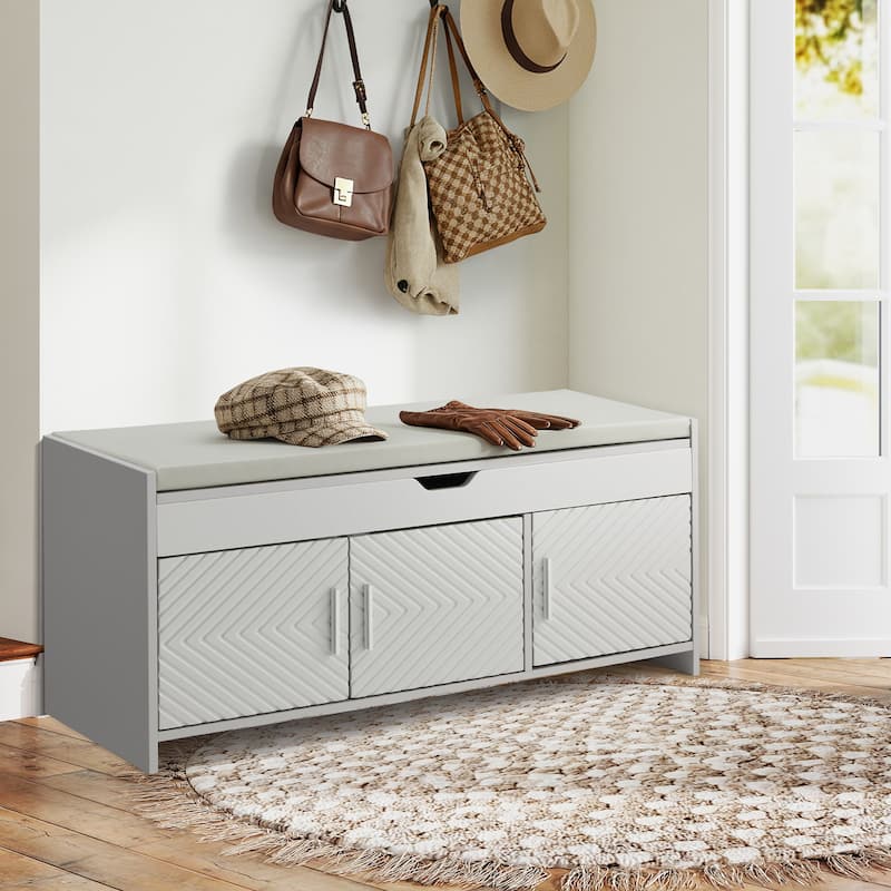 Wooden Entryway Storage Bench with Cushioned Seat - Hidden Compartment Shoe Bench, Multipurpose Hallway & Bedroom Storage - Grey