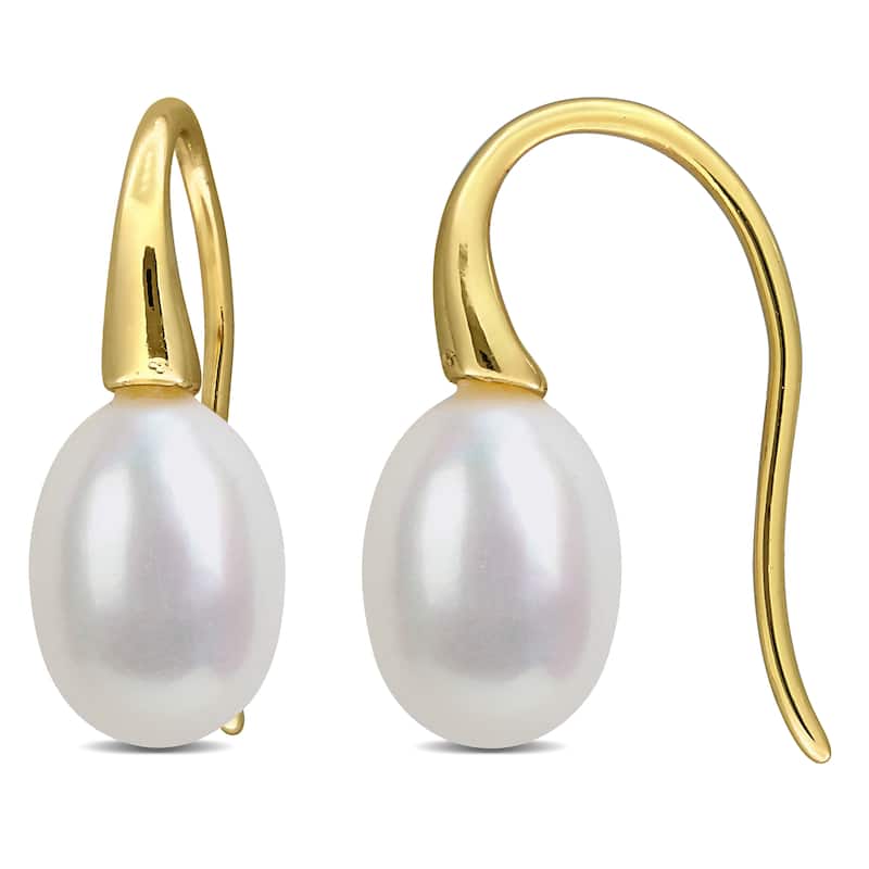 Miadora 7-8mm Cultured Freshwater Pearl Curved Shepherd Hook Earrings Yellow Plated Sterling Silver
