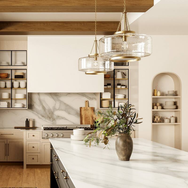 19.75" W x 20.25" H 1-Light Cloche Pendant in Aged Brass with Organic Hammered Glass - 19.75"W x 20.75"H