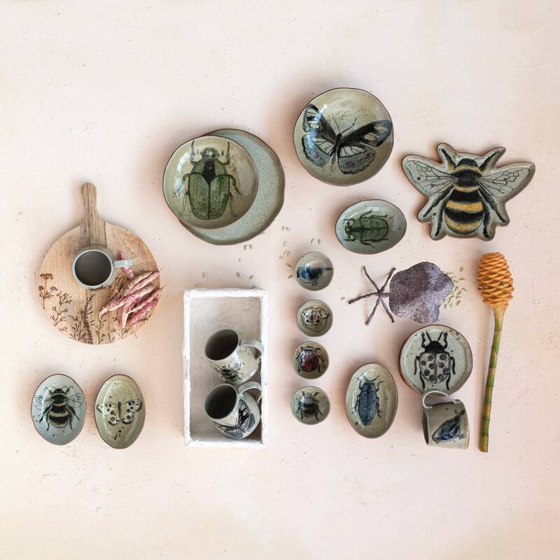Stoneware Plate Set with Insect and Bird Designs