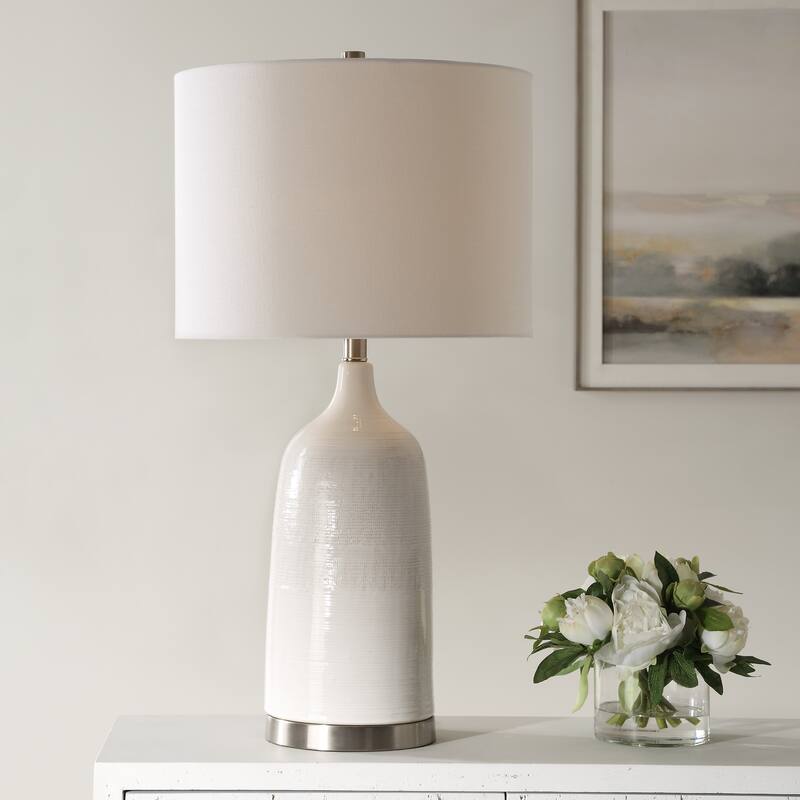 Lightly Distressed Gloss White Ceramic Table Lamp by David Frisch