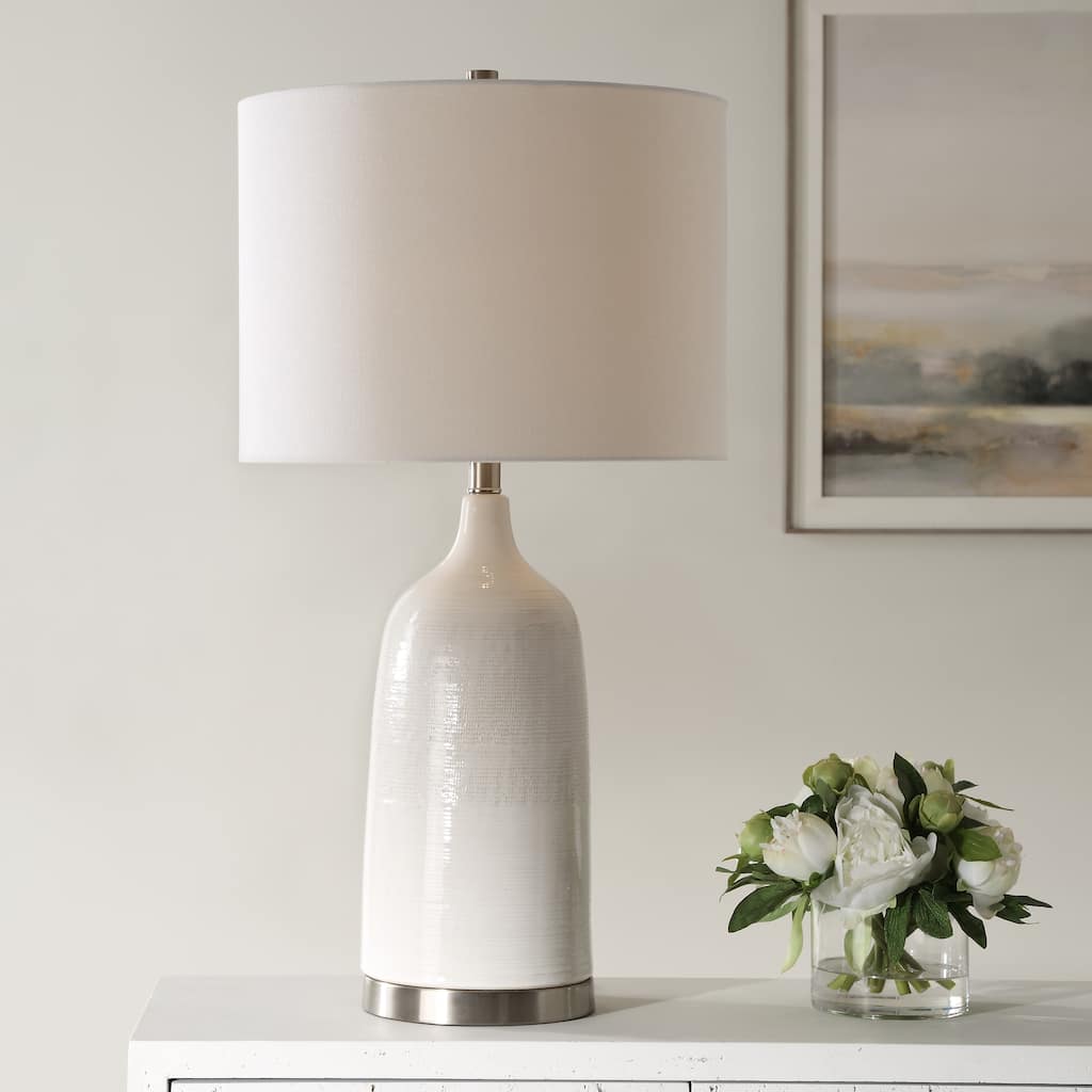 Lightly Distressed Gloss White Ceramic Table Lamp by David Frisch