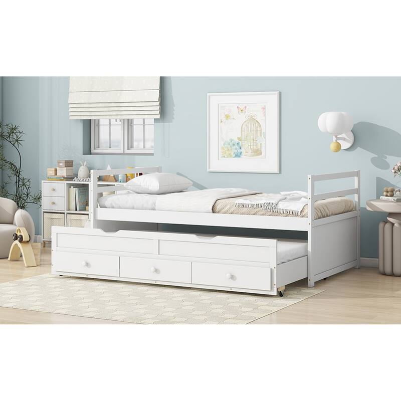 Roomfitters Twin Bed Frame with Headboard and Footboard, Pull-Out Trundle and Underbed Storage, Pine Wood Platform Bed