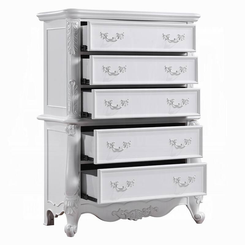 Maver Tall Dresser Chest with 5 Drawer, Scrolled Details, White Wood