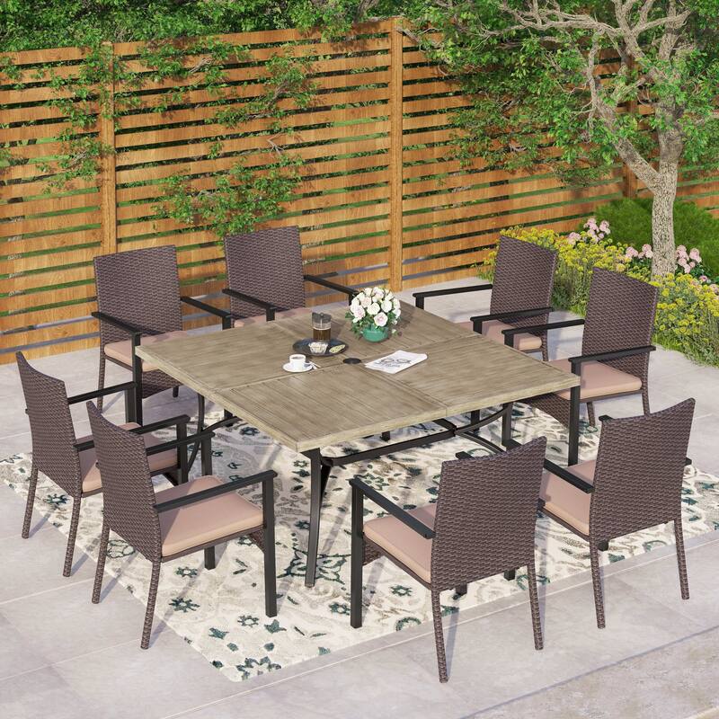 MAISON ARTS 9 Pieces Patio Dining Set, 60 Inch Square Metal Table and Rattan Dining Chairs - Beige(+Brown Table)