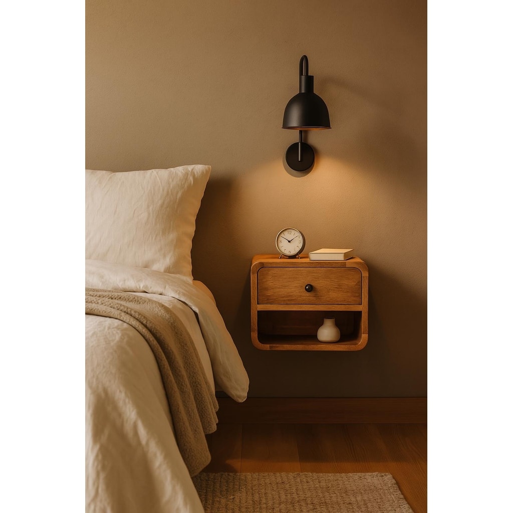 Solid Wood Mini Floating Bedside with 1 Drawer, Wall-Mounted Design