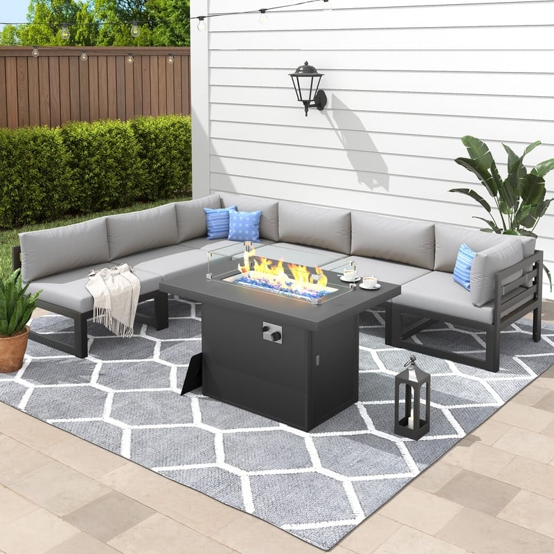 FINCATI 7-piece Oversized Aluminum Patio Furniture Set with 43'' Fire Pit Table for Backyard, Deck, and Garden - Light Gray