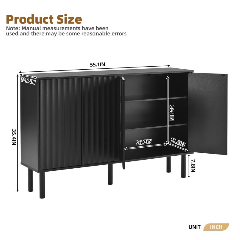Cream Style Sideboard Buffet Cabinet with Fluted Doors, Large 4-Door Storage Cabinet with Adjustable Shelves