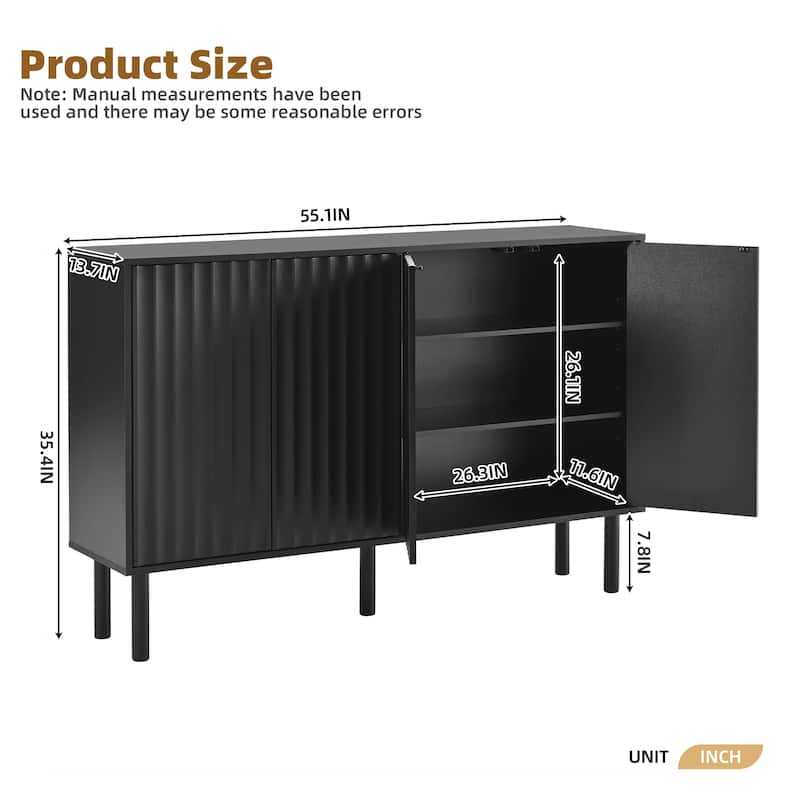 Minimalist Shoe Cabinet with Fluted Doors and 5 Solid Wood Legs - 55.1" W × 13.7" D × 35.4" H