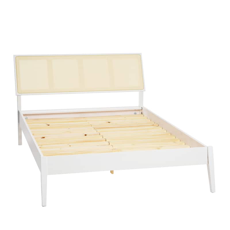 Crawford Solid Wood Bed with Woven Cane Headboard - White - Queen