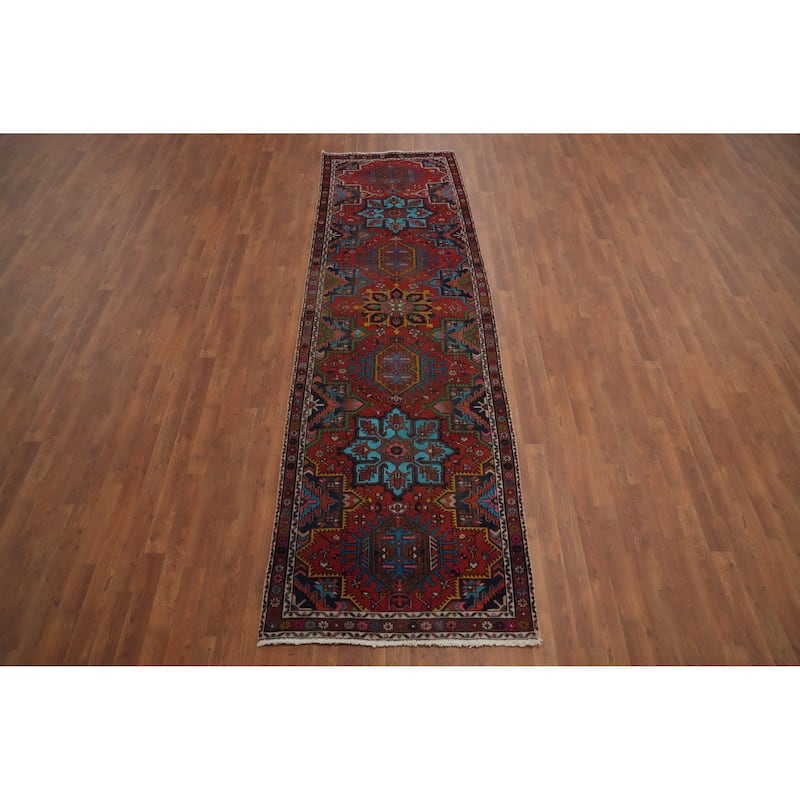 Hand Knotted Oriental 100% Wool Carpet Traditional Geometric Red Heriz Runner Rug - 10' 10'' X 3' 3''