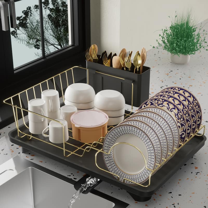 Dish Drying Rack for Kitchen Countertop, Gold Stainless Steel Dish Drainer with Drain Board, Utensil Holder & Anti-Slip Feet - Black