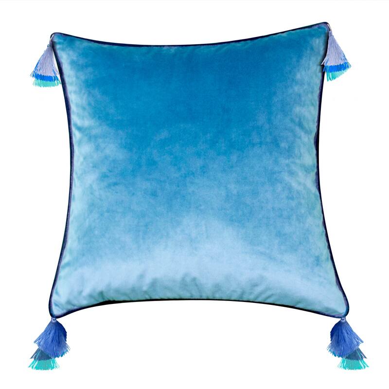 Edie At Home Velvet Reversible Tassel Decorative Throw Pillow, Tigerlily/Marigold - Blue