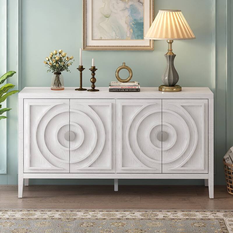 Retro Sideboard door with Circular Groove Design cabinets - White