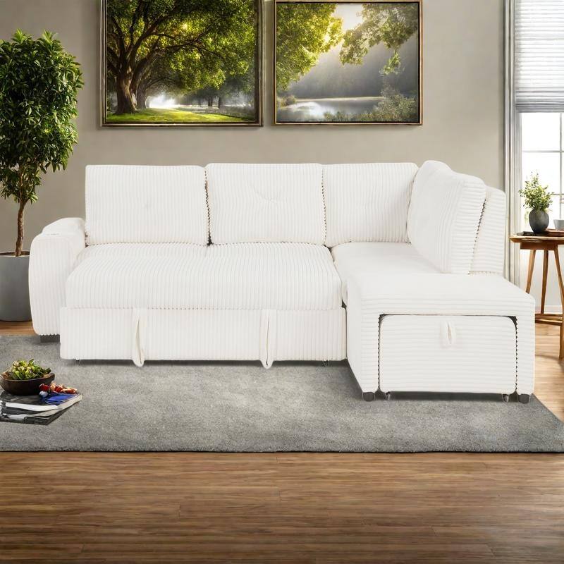 94" Corduroy Sectional Sofa Bed with Ottoman, Storage & USB Ports - Creamy White