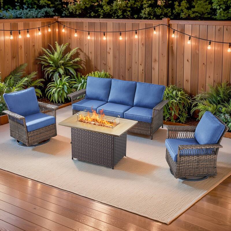 Pocassy 41 in Fire Pit Table with Patio Sofa Chair Funiture - Brown Wicker Blue Cushion - 4-Piece Sofa Swivel Chair with Fire Pit Table