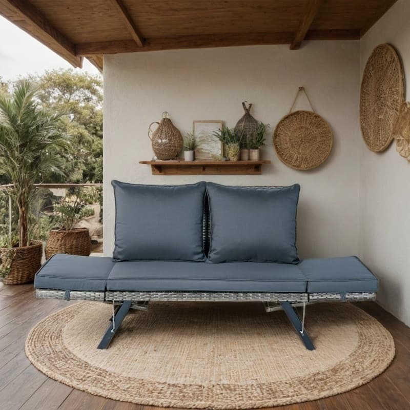 Patio Wicker Side Foldable Bench, Durable Outdoor Backyard Conversation Bench with Grey Wicker and Dark Grey Cushion - N/A