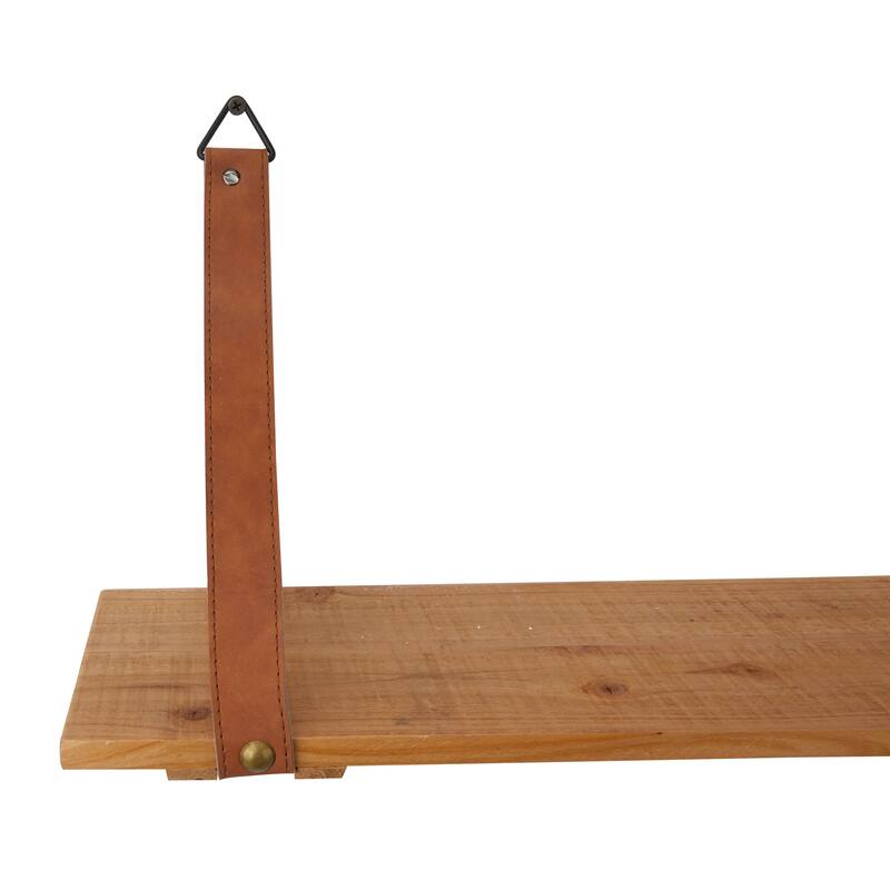 CosmoLiving by Cosmopolitan Brown Wood 2 Shelves Wall Shelf with Faux Leather Straps (Set of 2)