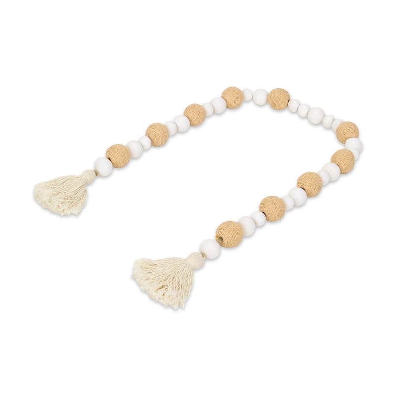Kira White Wood and Brown Fabric Beaded Garland - N/A