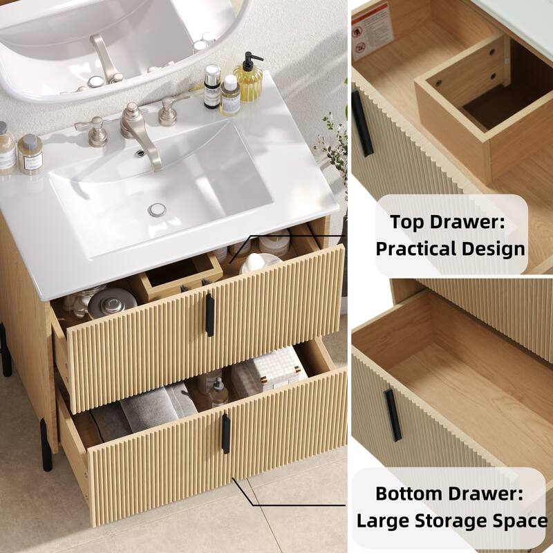 30" Bathroom Vanity with Ceramic Sink and Full-Extension Drawers, Soft Close Undermount Drawer Slides, Fluted Design, Natural