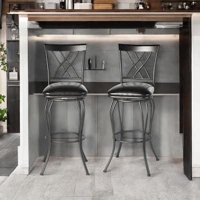 HomeRoots Set of Two 24" Black Faux Leather and Iron Counter Height Swivel Bar Chairs
