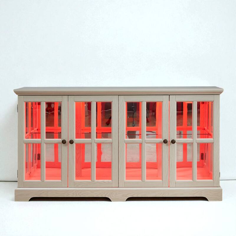 LED Antique Curio Display Cabinet with Glass Doors, Adjustable Shelves and Vintage 4-Door Design