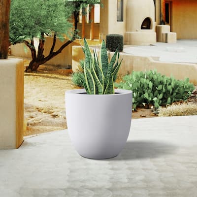 Plantara 13" D Round Solid White Concrete Modern planter, Outdoor Flower pot, Plant pot with Drainage Hole, plug for Garden