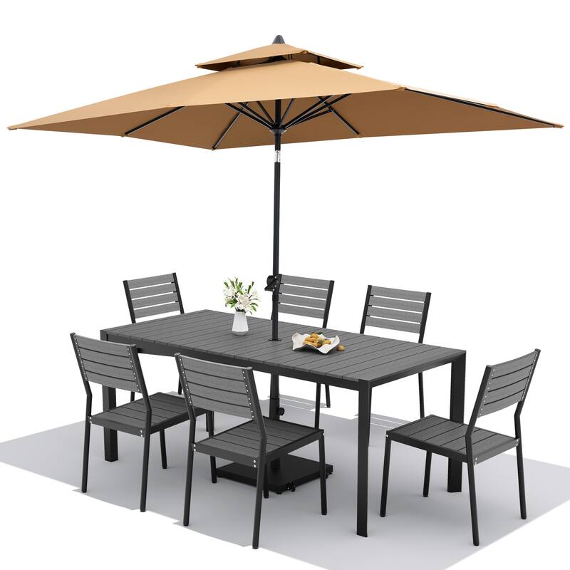 Set of 9 Outdoor Patio Dining Set WoodLike Aluminum Umbrella Hole Table with Stackable Chairs, Double Top Market Umbrella Set