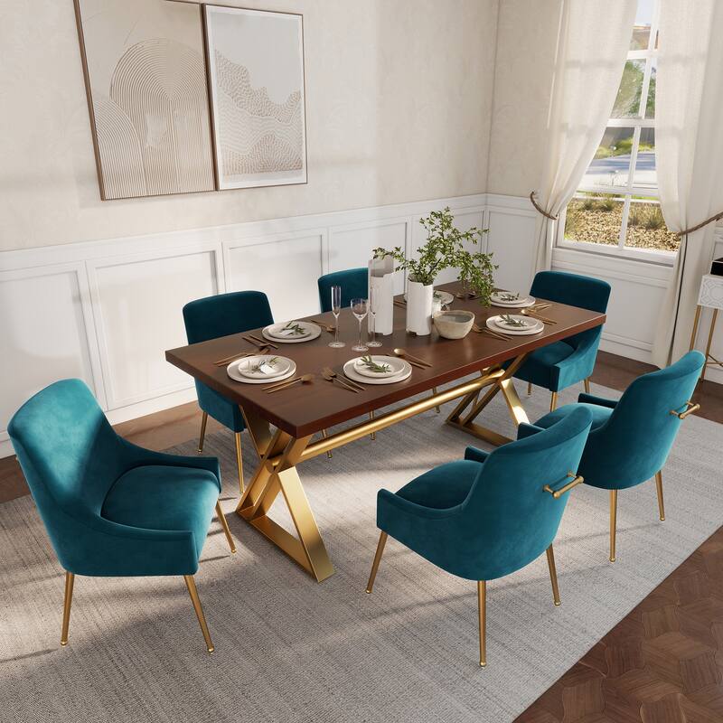 7-Piece Clihome Walut Wood Table with Velvet Chair Dining Chair