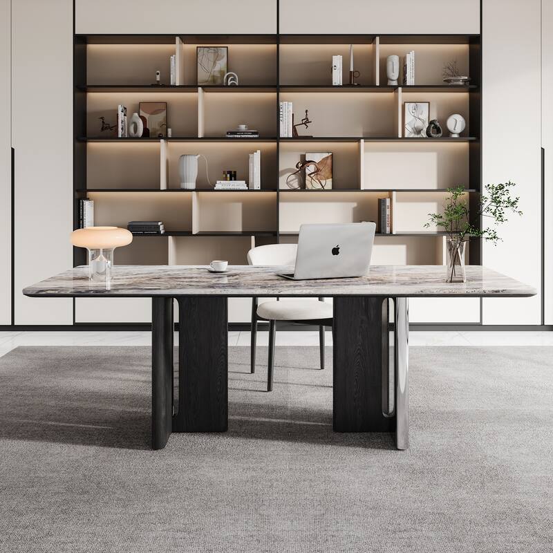 79” Modern Desk – Faux Marble Top & Solid Wood Legs For Office/study