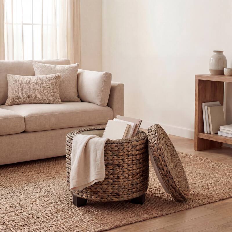 happimess Addie 17.72" Handwoven Water Hyacinth Storage Ottoman with Lid