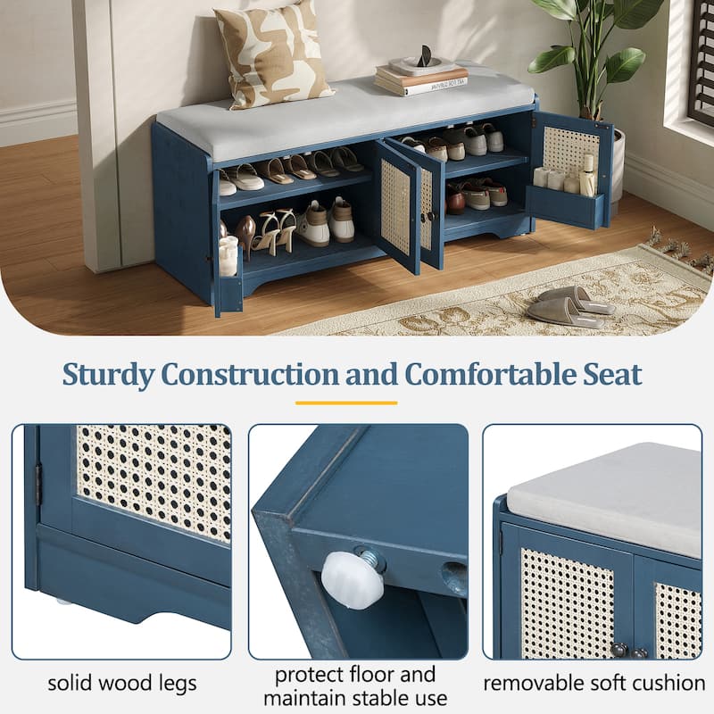 Rustic Storage Bench with Removable Cushion and Woven Rattan Doors