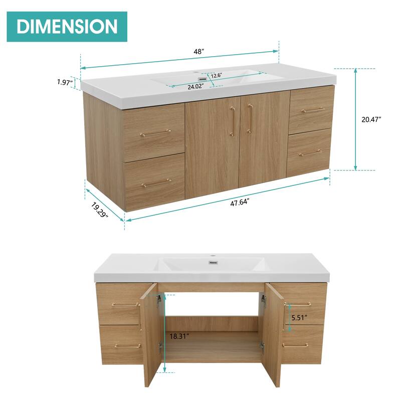 Prismella 36" 48" Wall-Mount Bathroom Vanity in Oak with Top