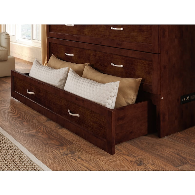 Murphy Bed Chest Full Walnut - Space Saving Bed with Charging Station & Mattress