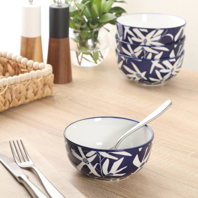 Gibson Home Ivory Estate 4-Piece Cereal Bowl Set, 5.5 Inch Round Stoneware Bowls, Blue & White Floral Pattern, Assorted Designs