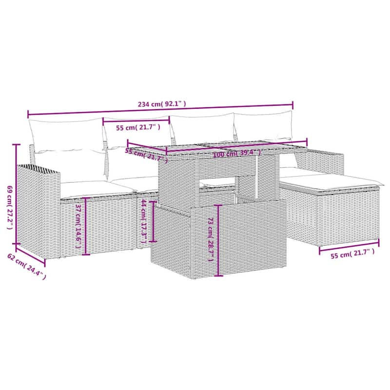 vidaXL Patio Sofa Set with Cushions Outdoor Furniture 6 Piece Poly Rattan