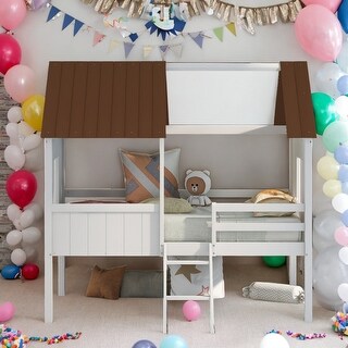 Elegant Twin Size Low Loft Wood House Bed with Two Side Windows, Superior Quality & Better Sleeping Environment, White+Brown