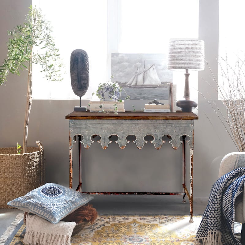 Zinc-Finished Metal and Wood Scalloped Edge Sofa Table - Silver