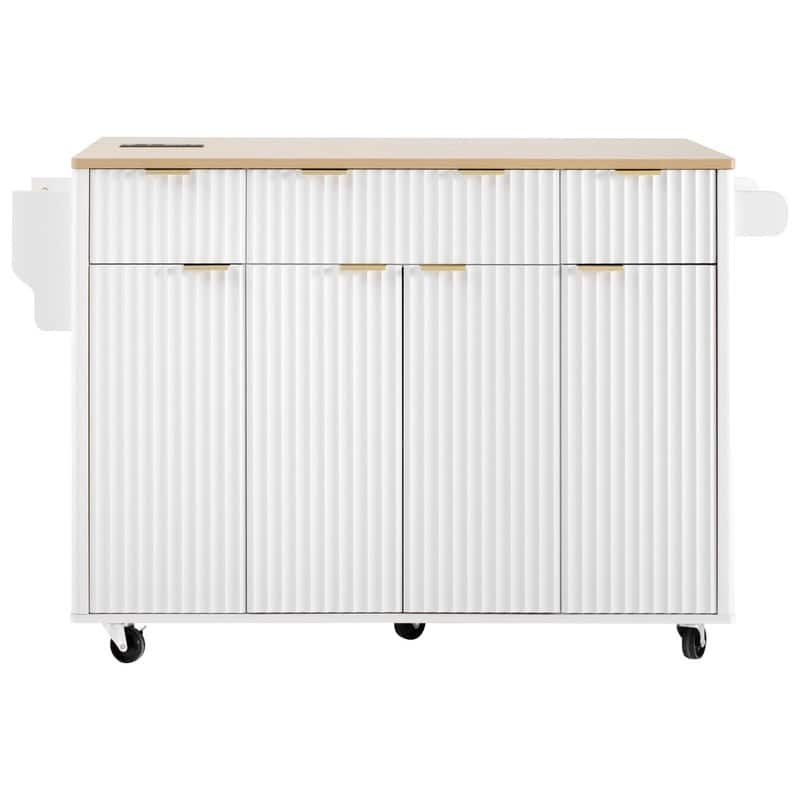 Fluted 55.5" Kitchen Island with Drop Leaf, Rolling Island Table with Drawers, Power Outlet for Functional Kitchen Organization