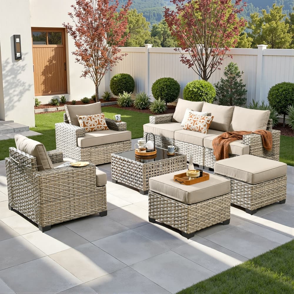 OVIOS 8 Pieces T shaped Seat Wide Armrest Set With Solar-Powered Coffee Table