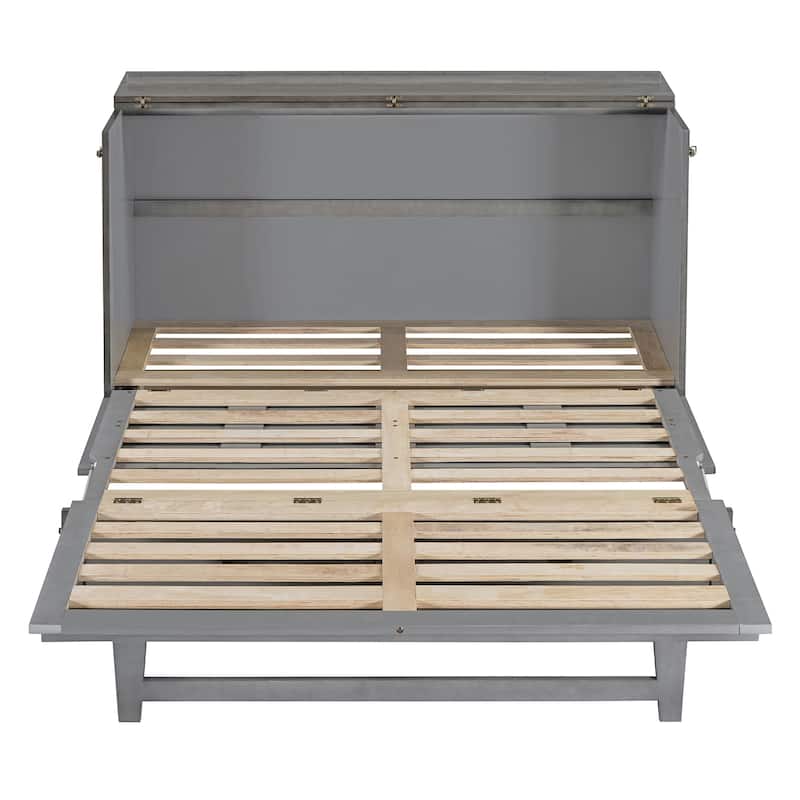 Gray Queen Size Murphy Bed with Large Storage Drawers and USB Ports