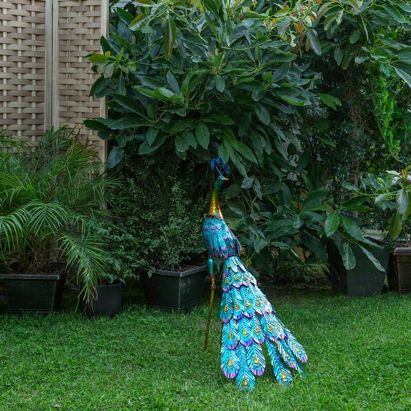 Alpine Corporation 23" Tall Outdoor Metallic Peacock Tail Spread Yard Statue Decoration, Multicolor